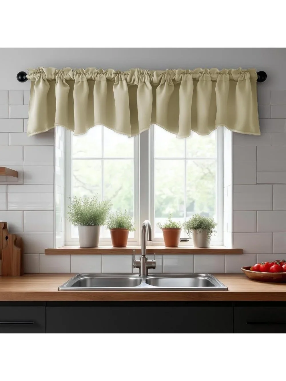 Beige Scalloped Room Darkening Valance Curtain for Kitchen & Living Room, 52x18